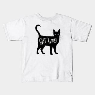 Cat Lady in Black Cat Silhouette Blue Eyes Kids T-Shirt